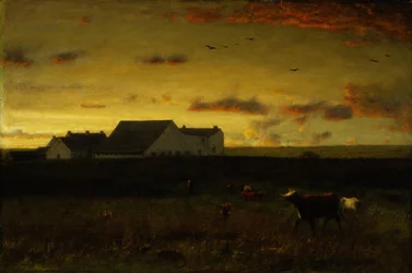 Paisagem de fazenda, gado no pasto, pôr do sol, Nantucket, c.1883